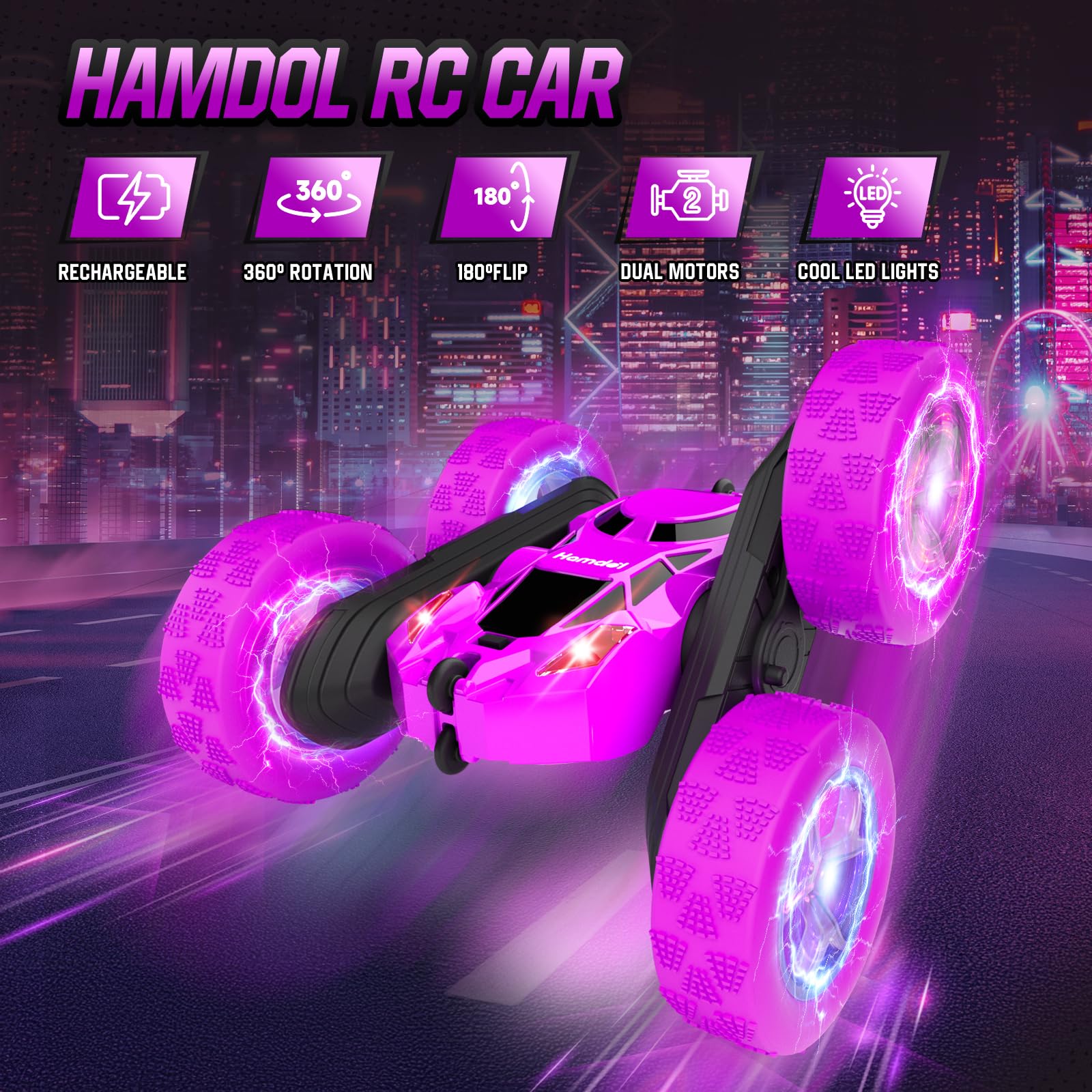 Hamdol Purple Dream RC Car with LED wheels delivering dazzling light effects for night play
