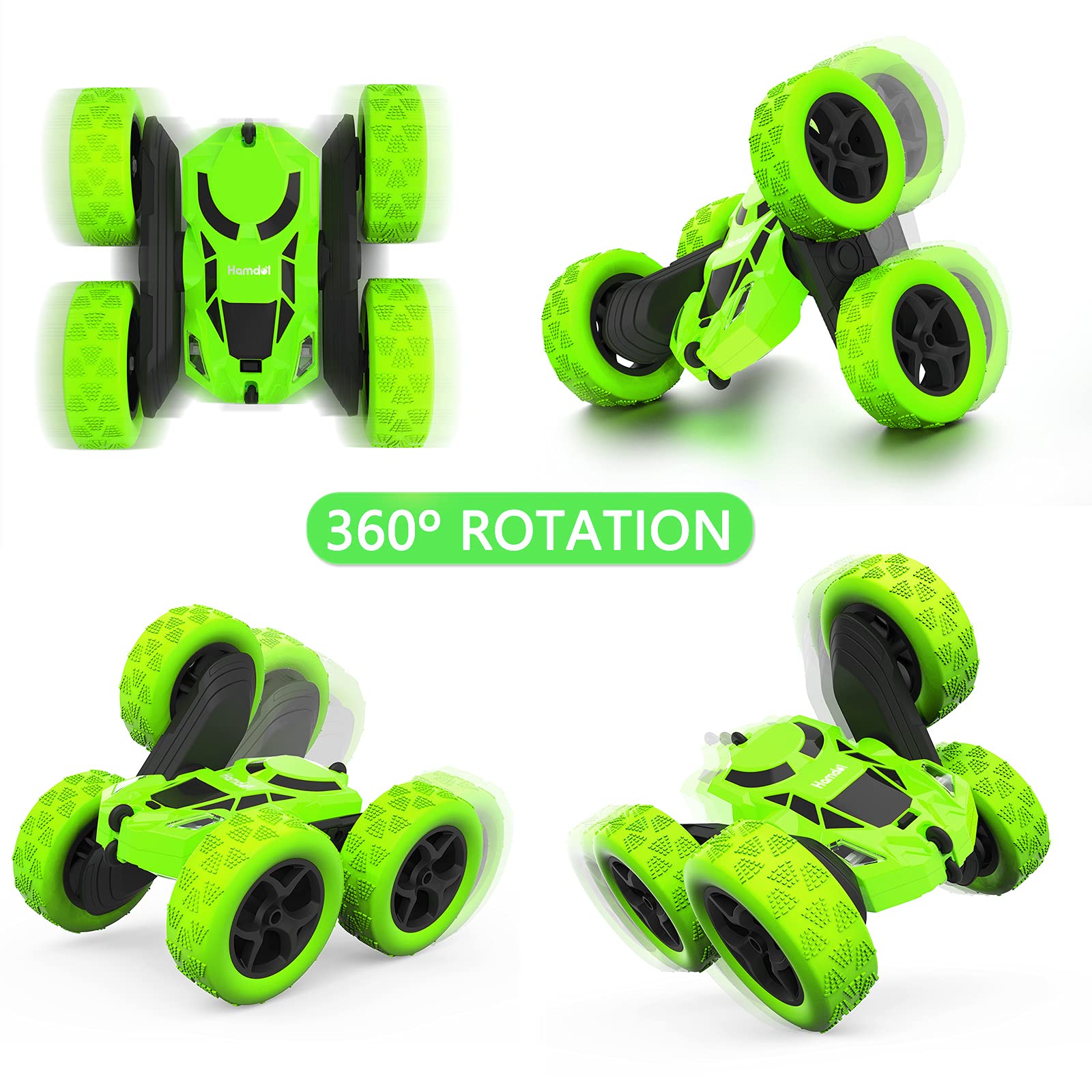 Hamdol Green Storm RC stunt car side view, durable design for kids' play