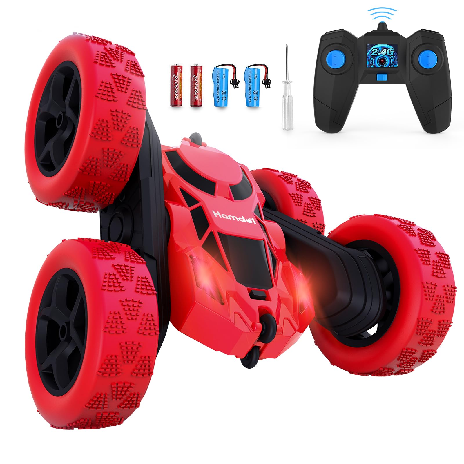 Hamdol Red Blaze RC car front view with LED lights for indoor and outdoor racing