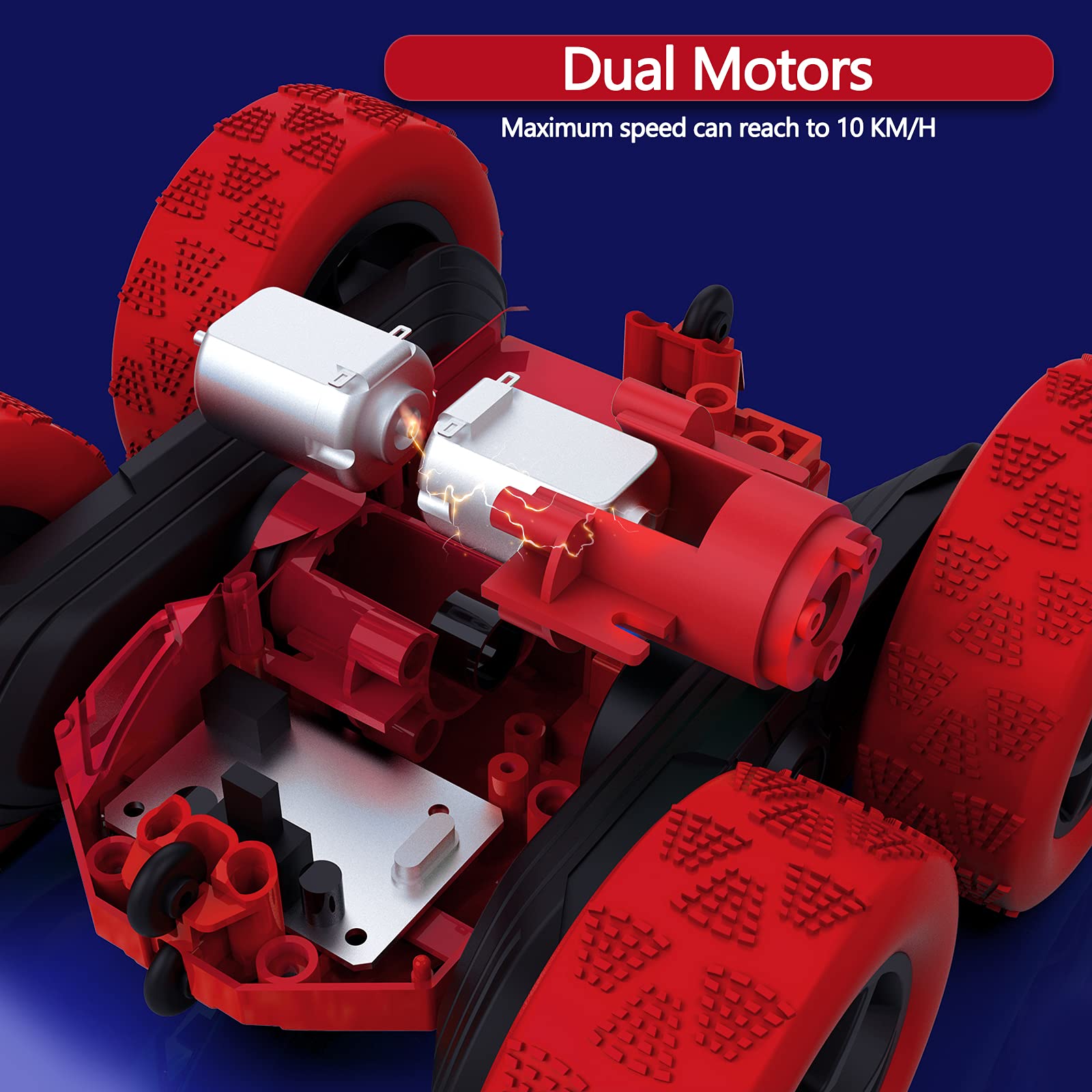Hamdol Red Blaze RC car side view showing double-sided design for continuous play