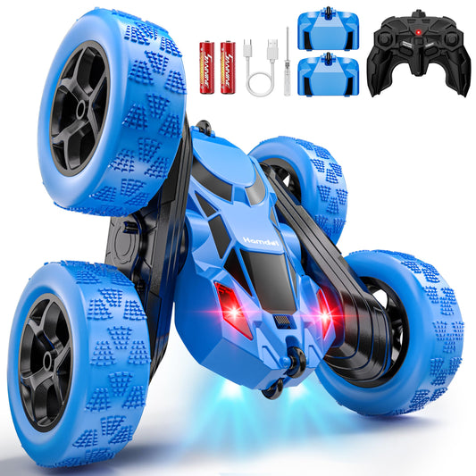 Hamdol remote-control stunt car front view with LED headlights for night play