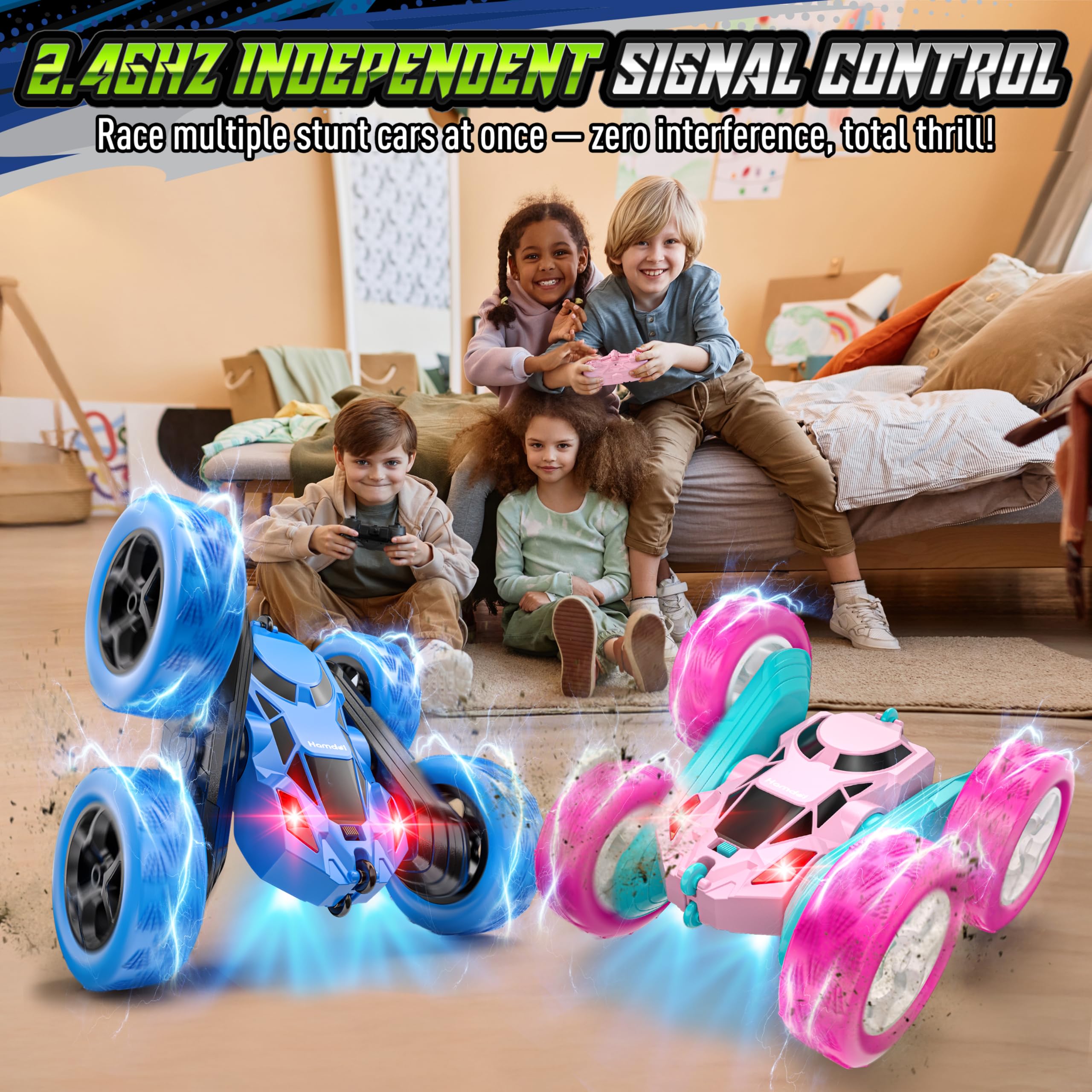 Hamdol stunt car side view showing dual-color design for versatile play