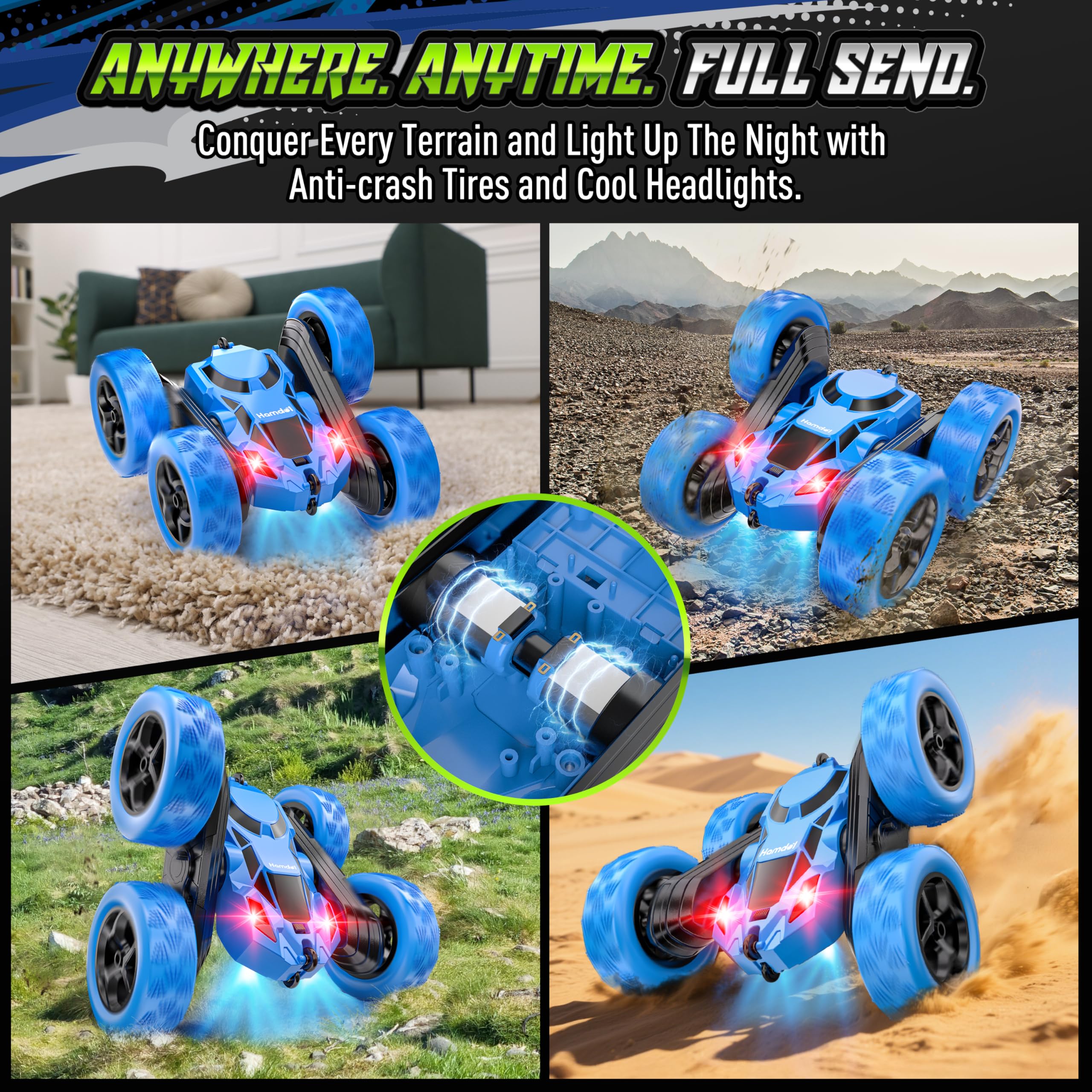 Hamdol RC car top view showing 360° spin capability for dramatic stunts