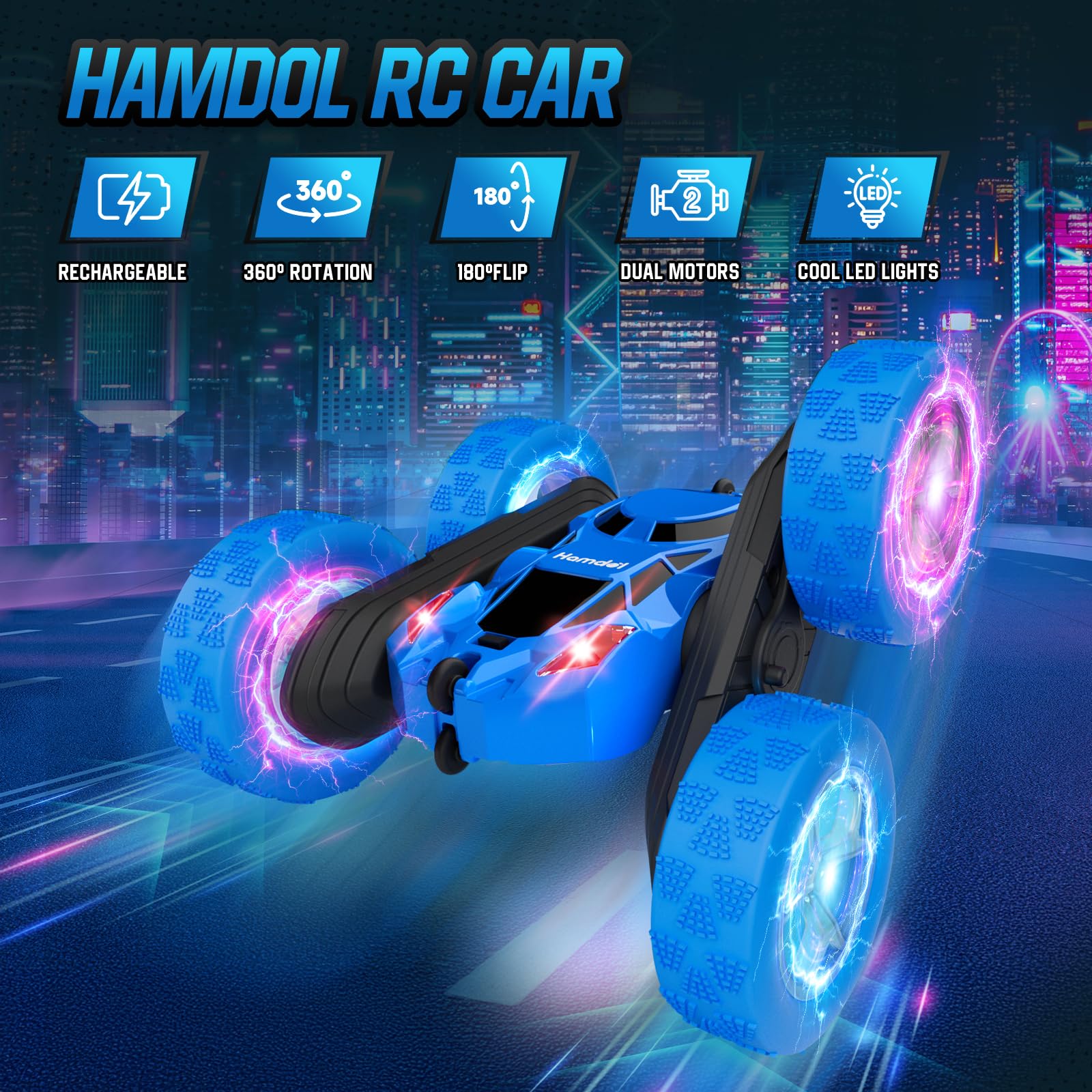 Hamdol STEM RC Car Blue Racer with LED wheels adds exciting glow for night races.