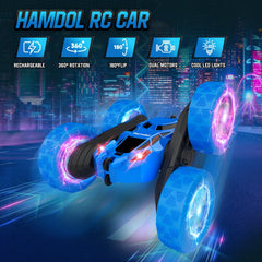 Hamdol STEM RC Car Blue Racer with LED wheels adds exciting glow for night races.