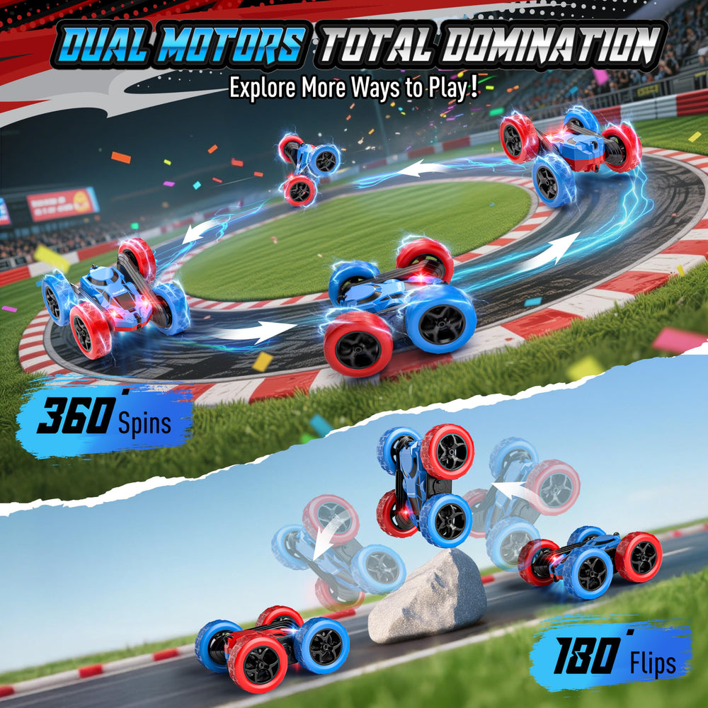Hamdol STEM RC car showing red and blue reversible panels for varied play
