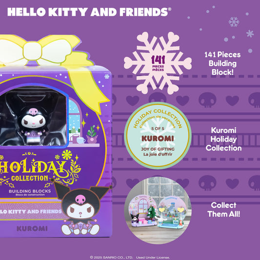 Hamee Sanrio Kuromi holiday figure with display stand for a keepsake display.