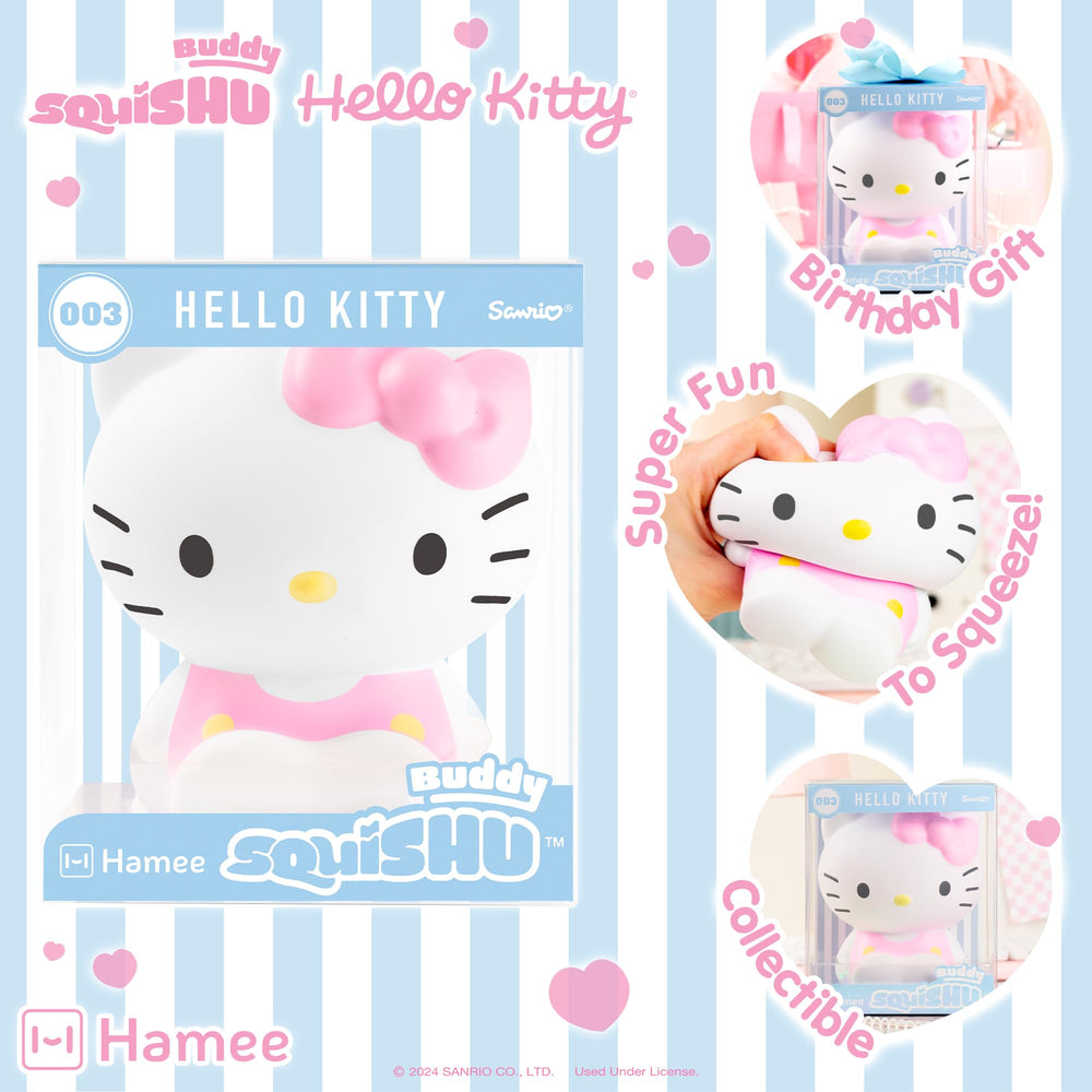 Hamee SquiSHU Buddy Hello Kitty close-up shows slow-rise foam for tactile relaxation.