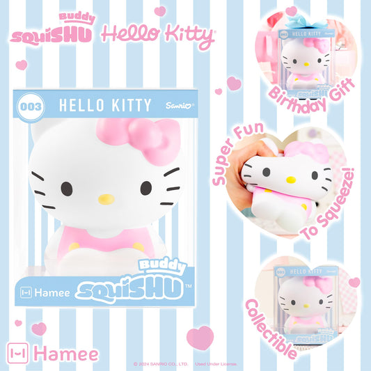Hamee SquiSHU Buddy Hello Kitty close-up shows slow-rise foam for tactile relaxation.