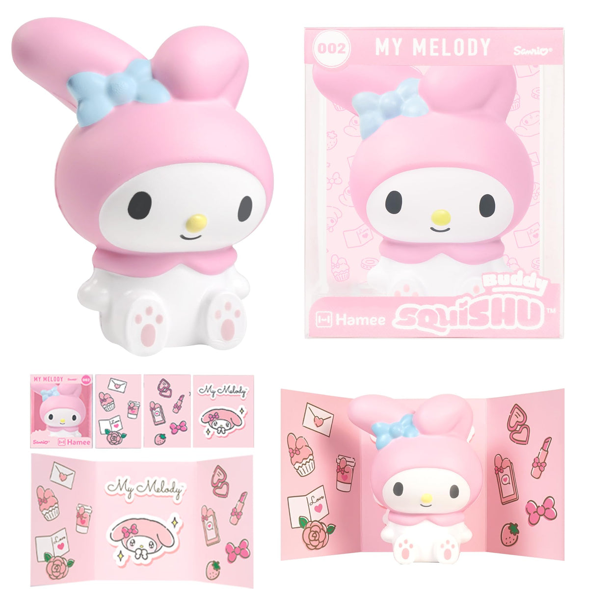Hamee SquiSHU Buddy Hello Kitty My Melody display box behind squishy for vibrant shelf styling