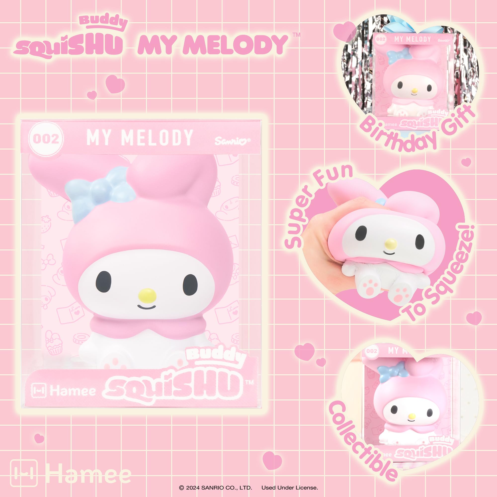 Hamee SquiSHU Buddy Hello Kitty My Melody closeup highlights soft foam and gentle scent