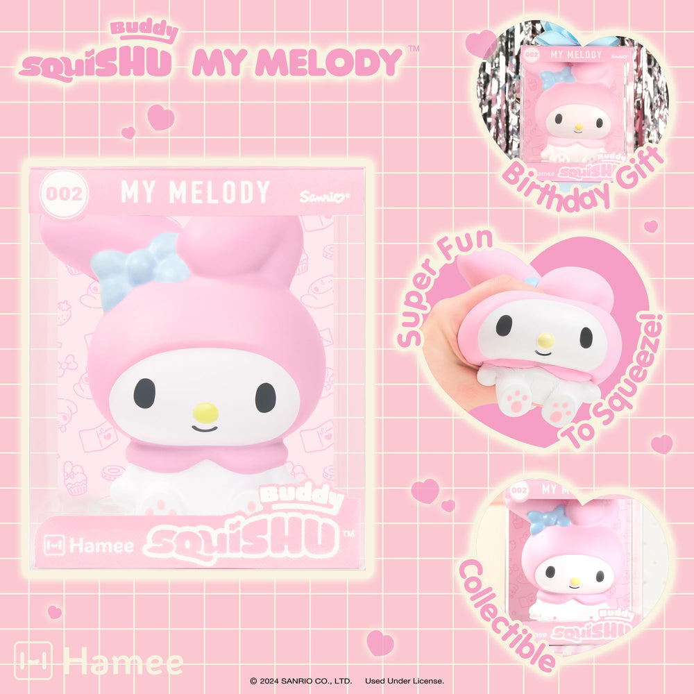 Hamee SquiSHU Buddy Hello Kitty My Melody closeup highlights soft foam and gentle scent