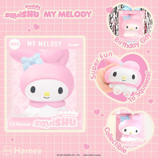 Hamee SquiSHU Buddy Hello Kitty My Melody closeup highlights soft foam and gentle scent