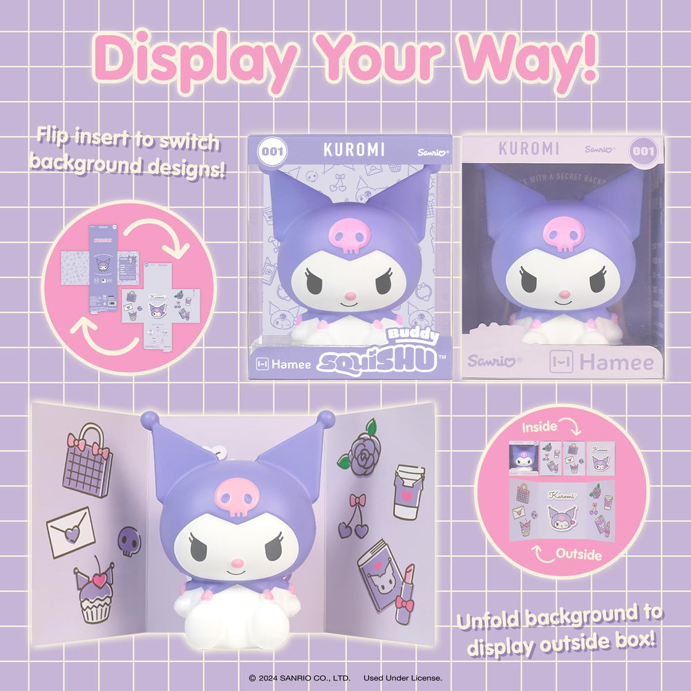 Hamee SquiSHU Buddy Kuromi desk display ready for shelf or desk decor.
