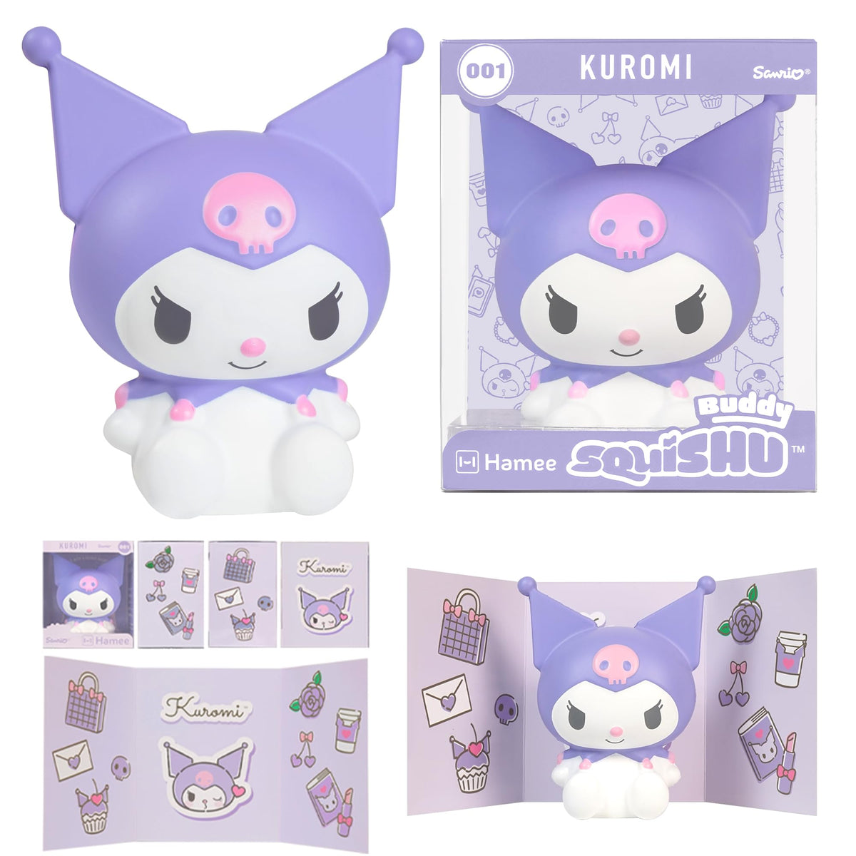 Hamee SquiSHU Buddy Kuromi in display box adds desk decor with collectible appeal.