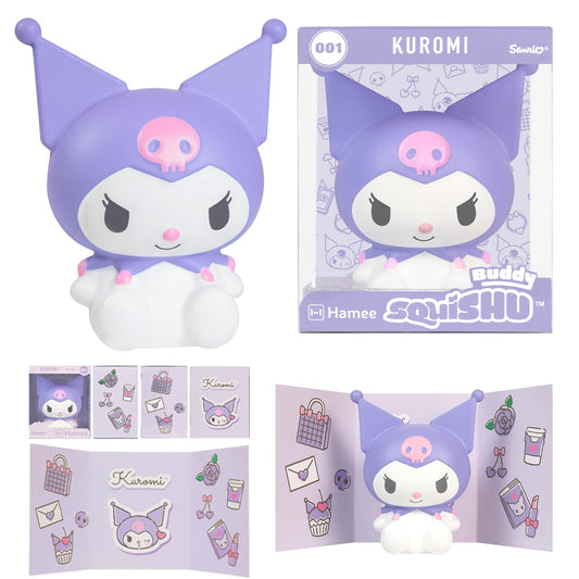Hamee SquiSHU Buddy Kuromi in display box adds desk decor with collectible appeal.