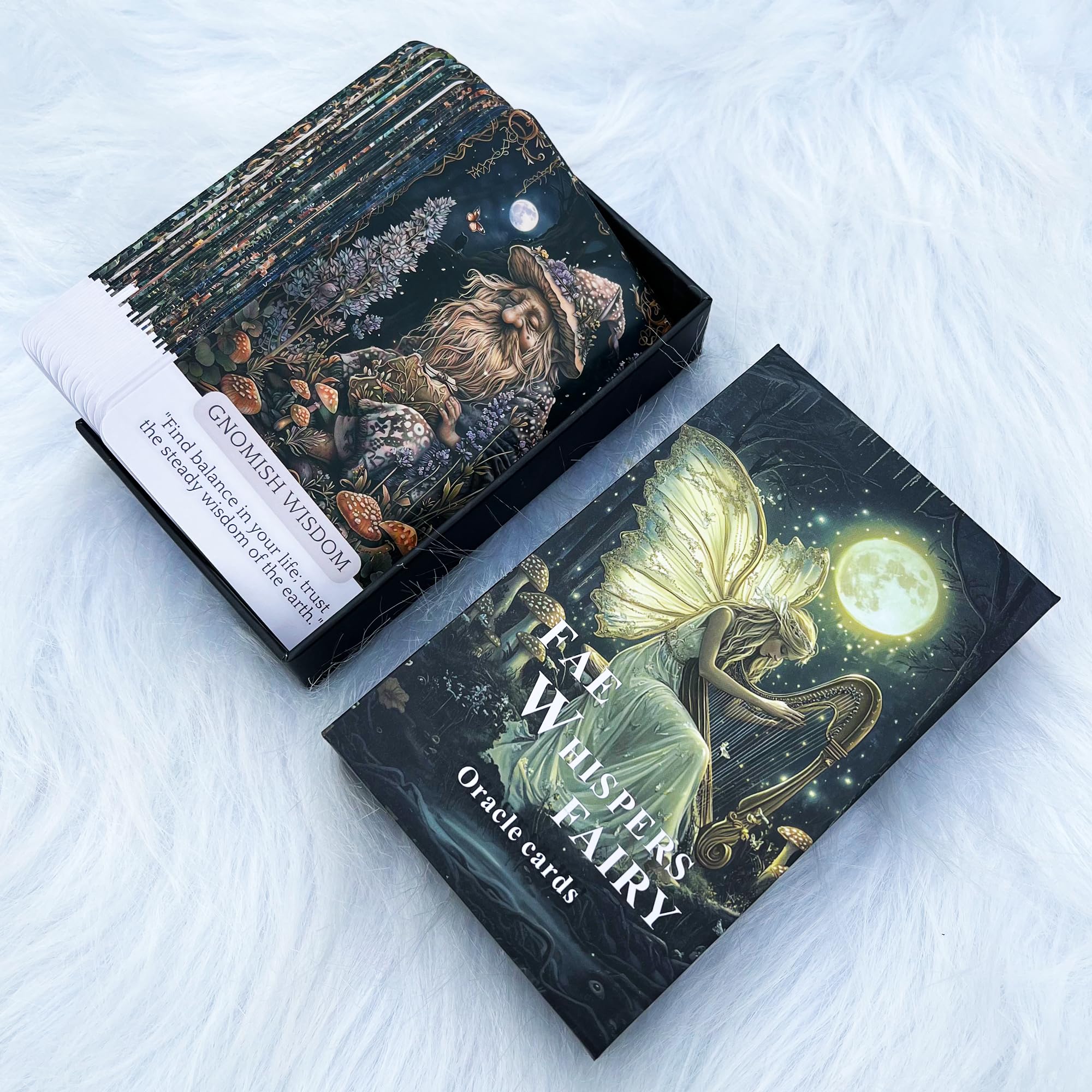 Display of Han Yu Bowen Fairy Whispering Oracle Deck with soft magical art.