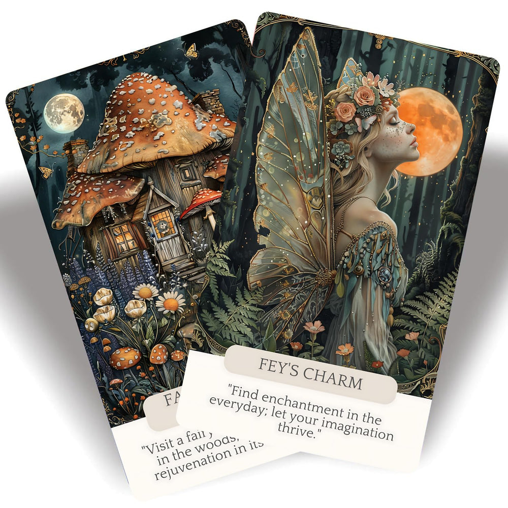 Close-up art of Fairy Whispering Oracle Card with delicate faerie details by Han Yu Bowen.