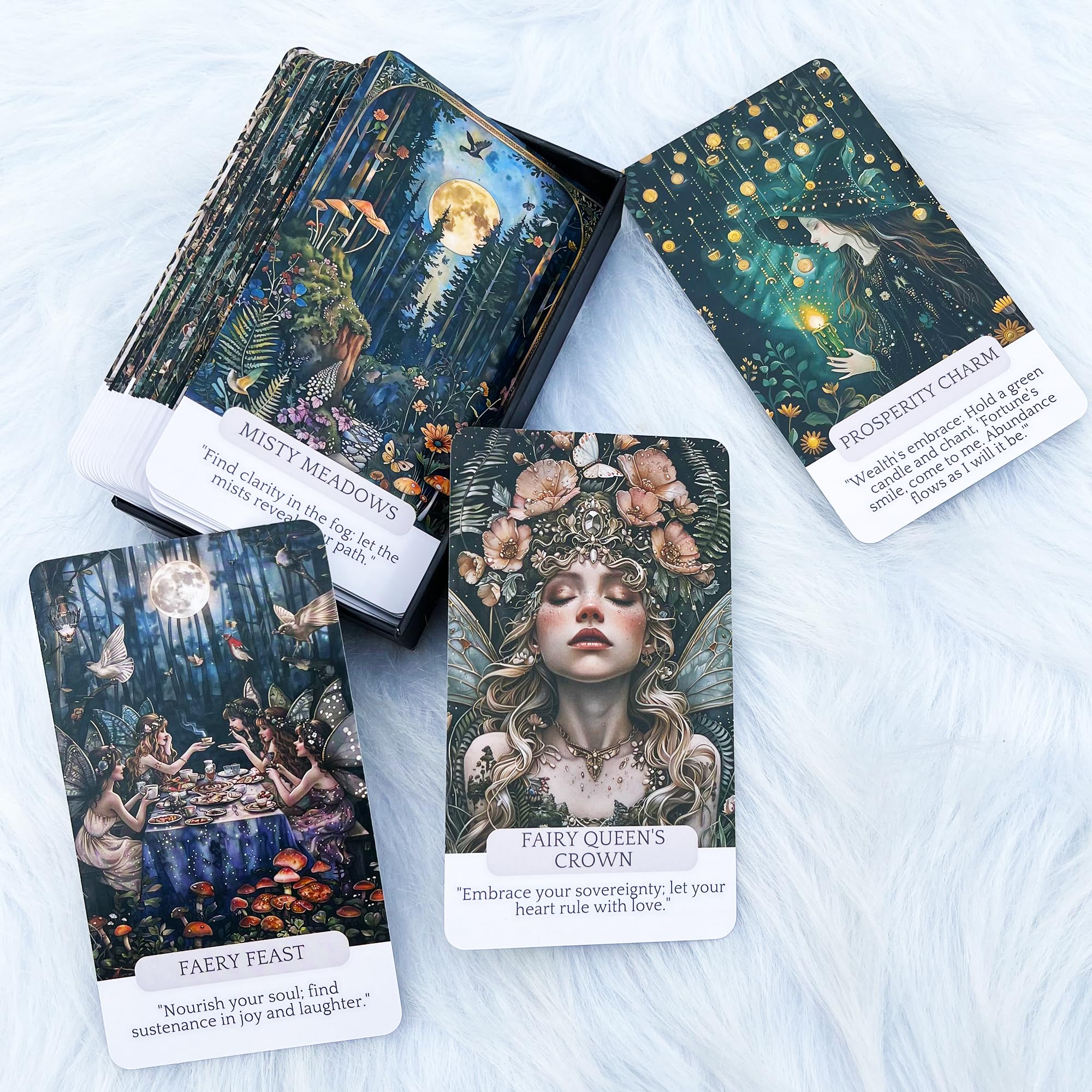 Fairy Whispering Oracle Deck displayed on a forest-themed table setting.