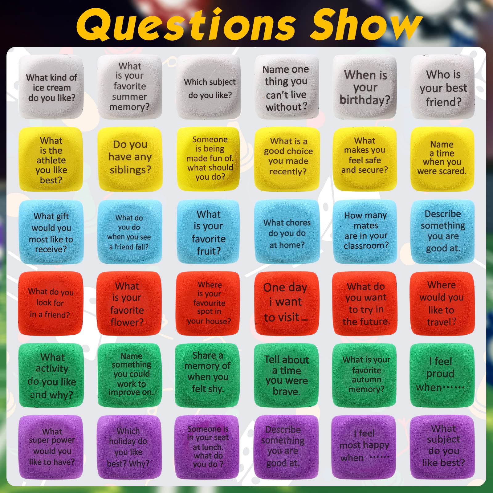 Hanaive conversation cubes color dice close-up highlights soft material and bright colors
