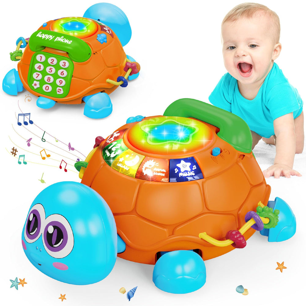 Hanayo musical turtle crawling blue toy for developmental play and crawling practice.