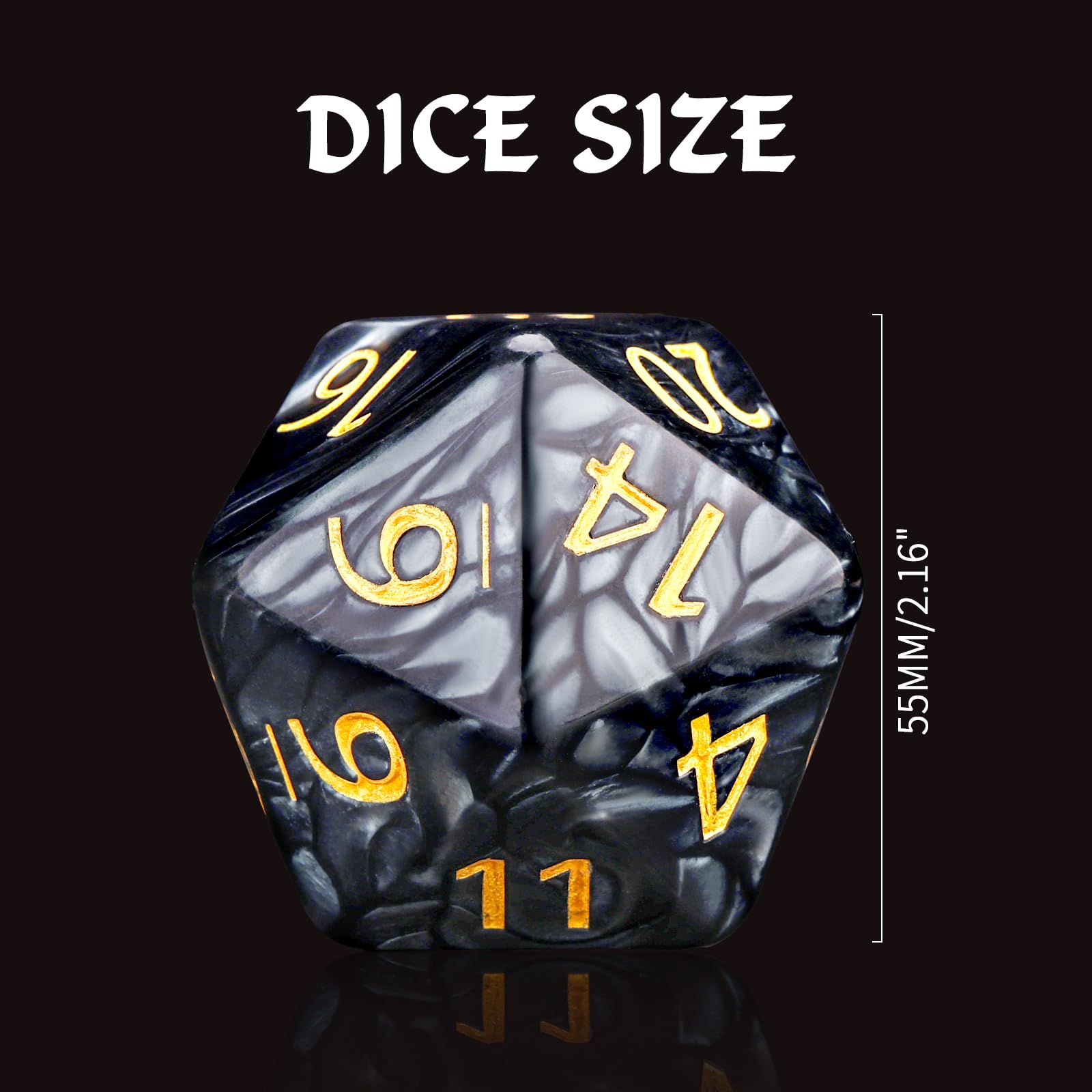Handan 55mm luminous-grey D20 dice on the game table for dramatic rolls.
