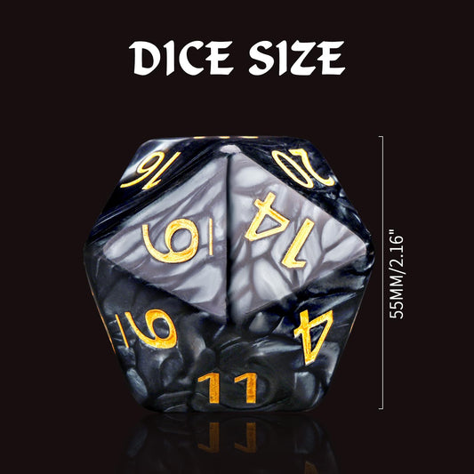 Handan 55mm luminous-grey D20 dice on the game table for dramatic rolls.