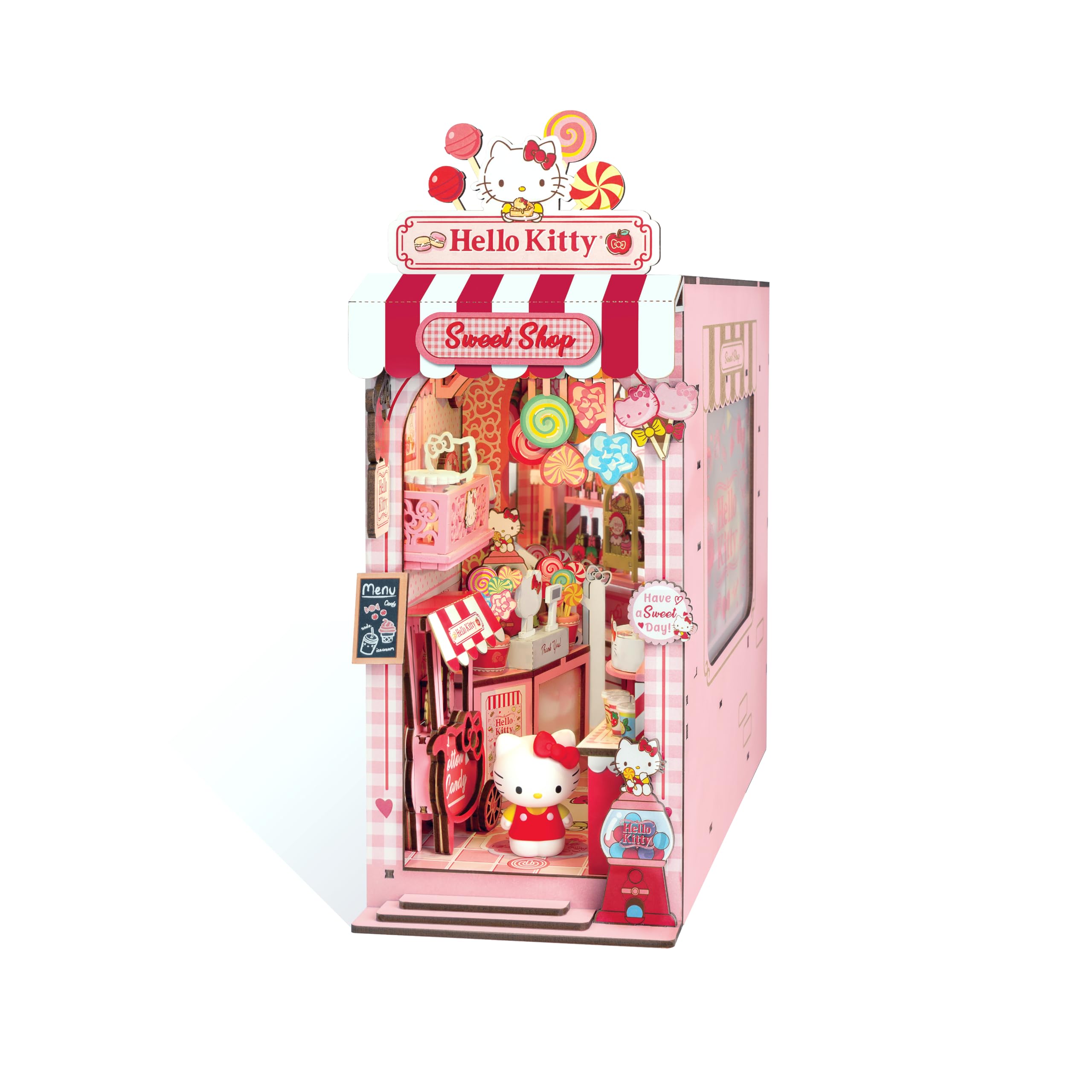 Hands Craft Hello Kitty Sweet Shop Book Nook Kit with LED lighting for cozy display.