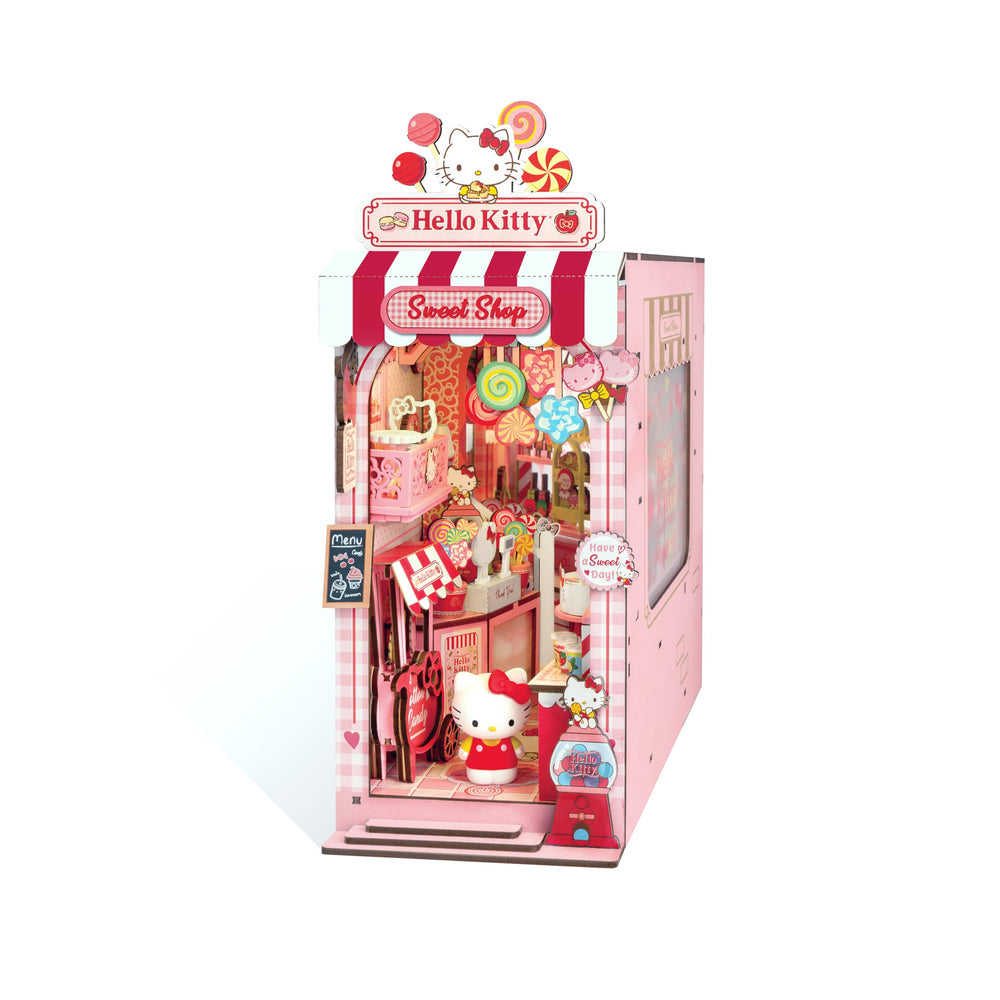 Hands Craft Hello Kitty Sweet Shop Book Nook Kit with LED lighting for cozy display.