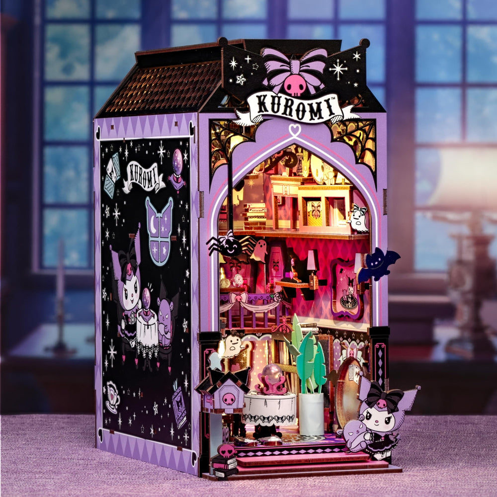 Hands Craft Kuromi spooky house ghost garlands and bats arranged on a shelf