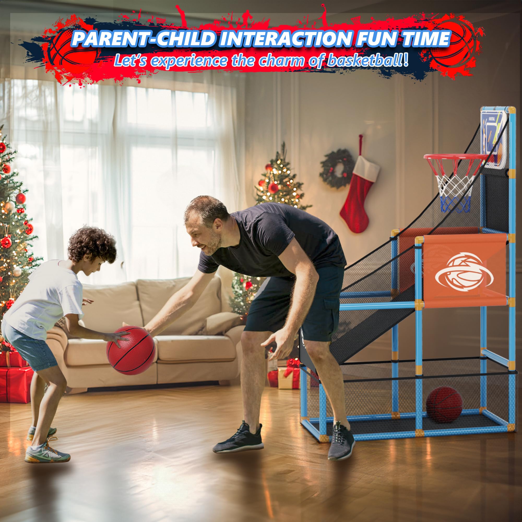 Handwell Arcade basketball set with air pump for easy inflation and ongoing games.
