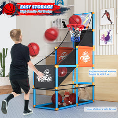 Handwell Arcade basketball game in action with kids playing indoors and outdoors.