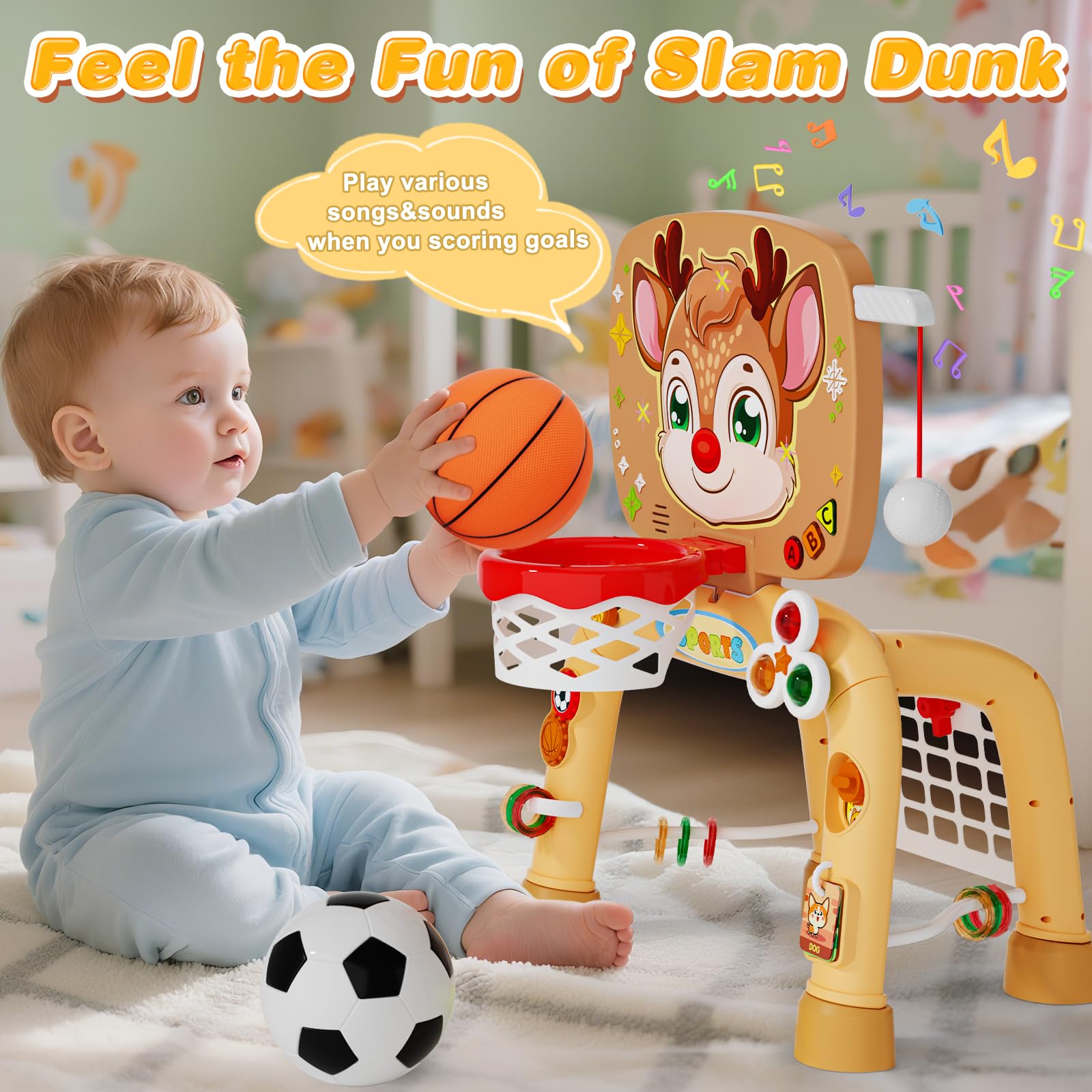 Handwell baseball feature supports gentle swinging and hand-eye coordination.