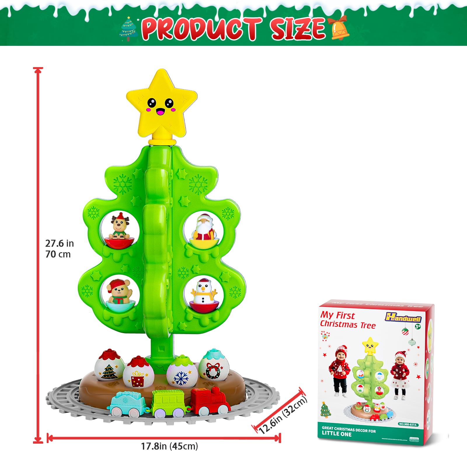 Handwell train set tracks looping around the tree with storage inside