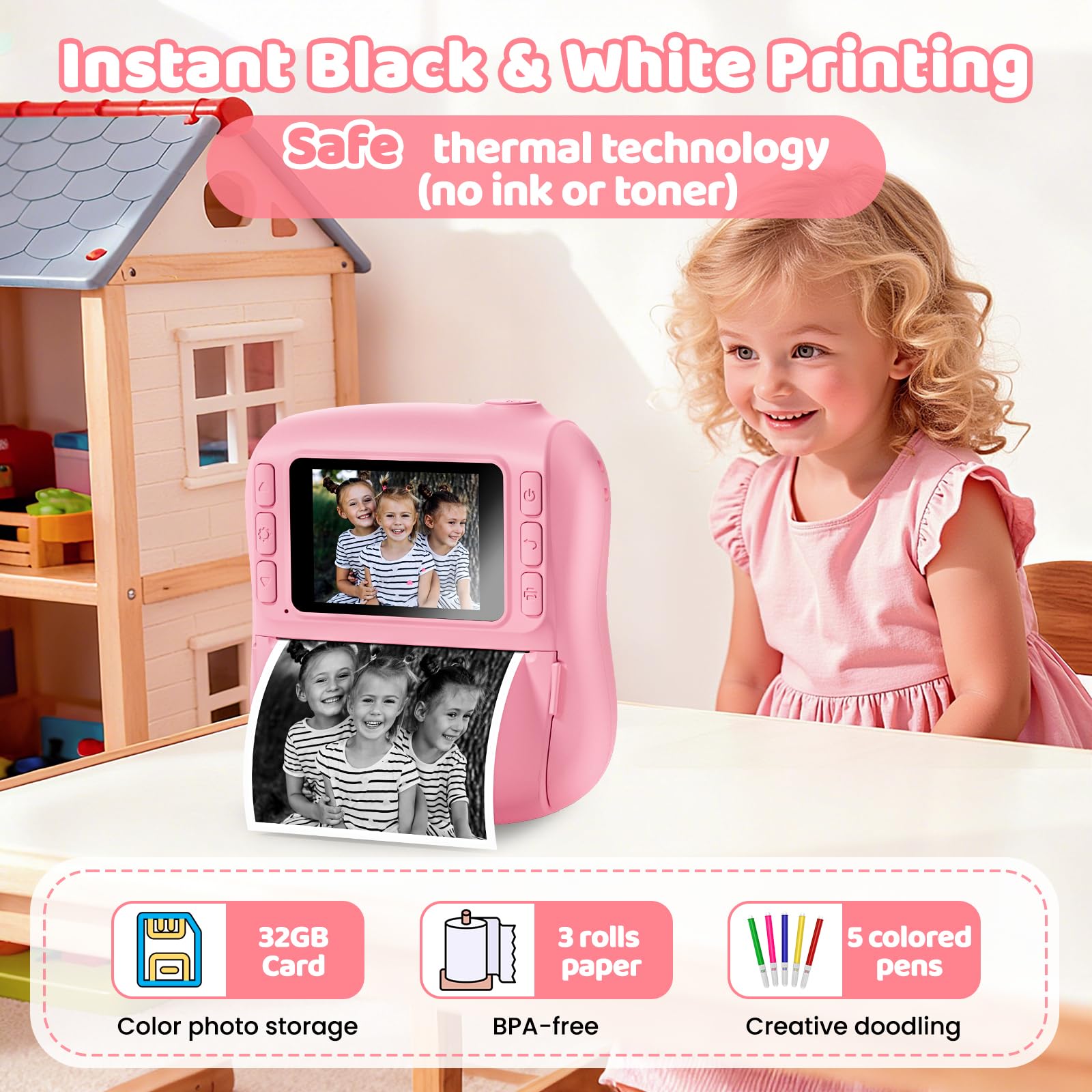 Hangrui instant print camera for kids held by child, easy-to-use design