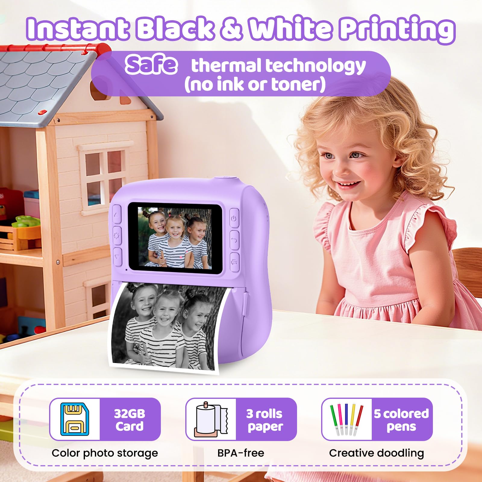 Hangrui kids camera printing in action with colorful photos