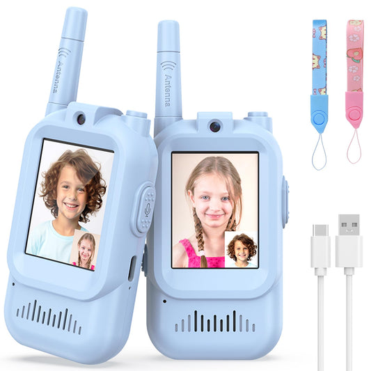 Hangrui Kids Walkie Talkies pink-blue design front view for outdoor play.