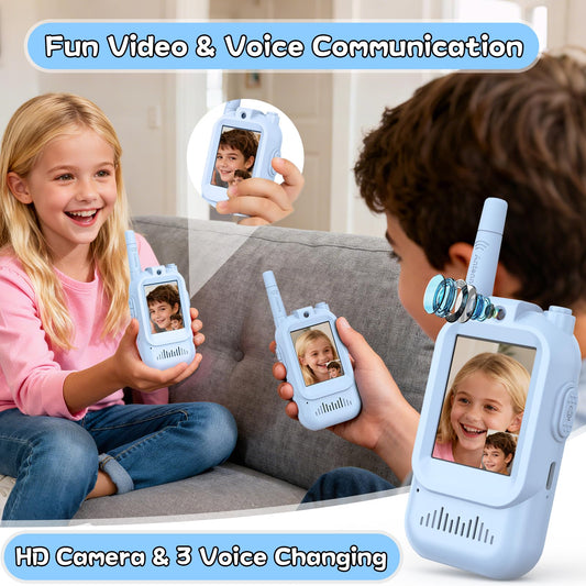 Hangrui Kids Walkie Talkies pink-blue pack in use during family outdoor adventure.