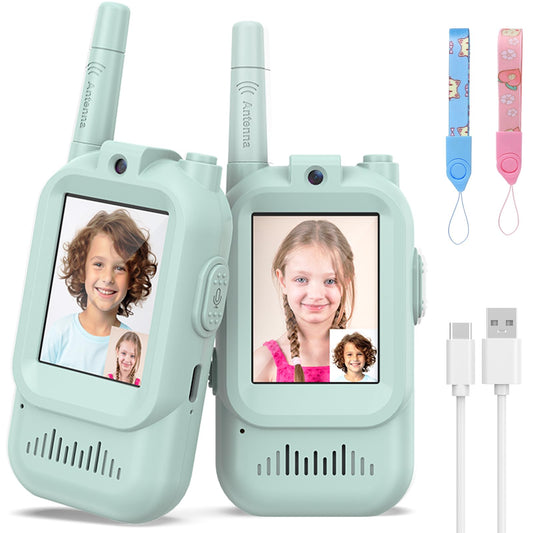 Hangrui kids walkie talkies pink and blue 2-pack front view for outdoor play with friends