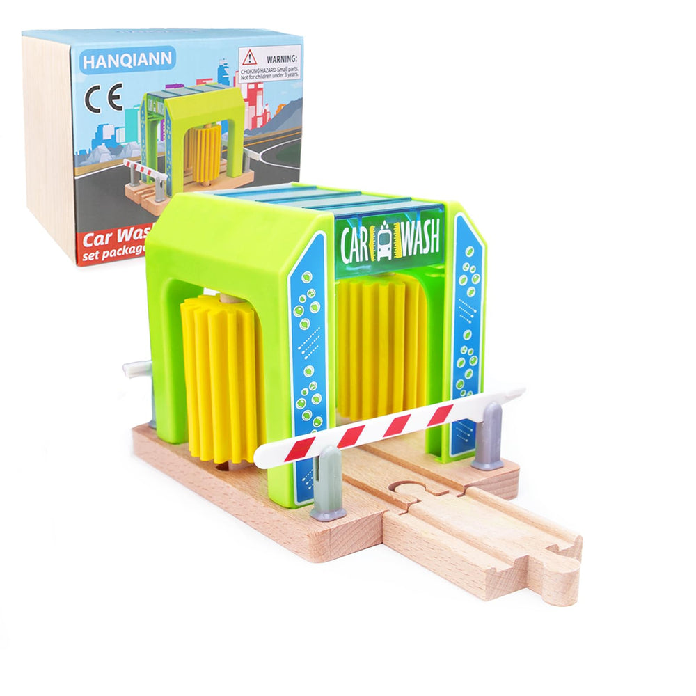 HANQIANN wooden car wash station on track enhances imaginative play and fine motor skills.