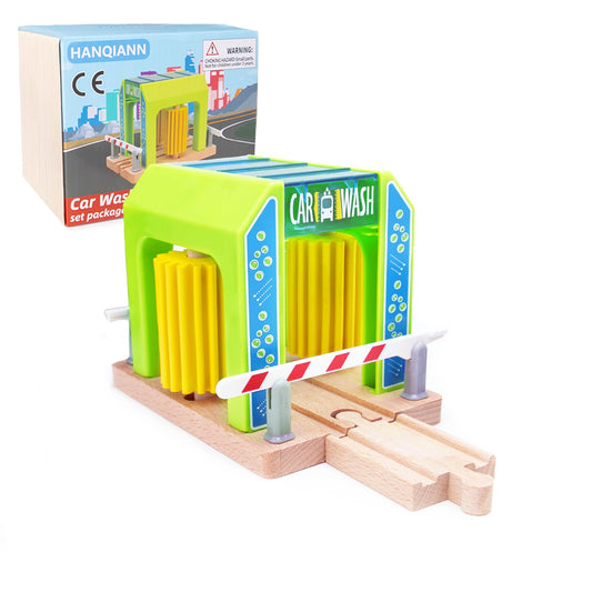 HANQIANN wooden car wash station on track enhances imaginative play and fine motor skills.