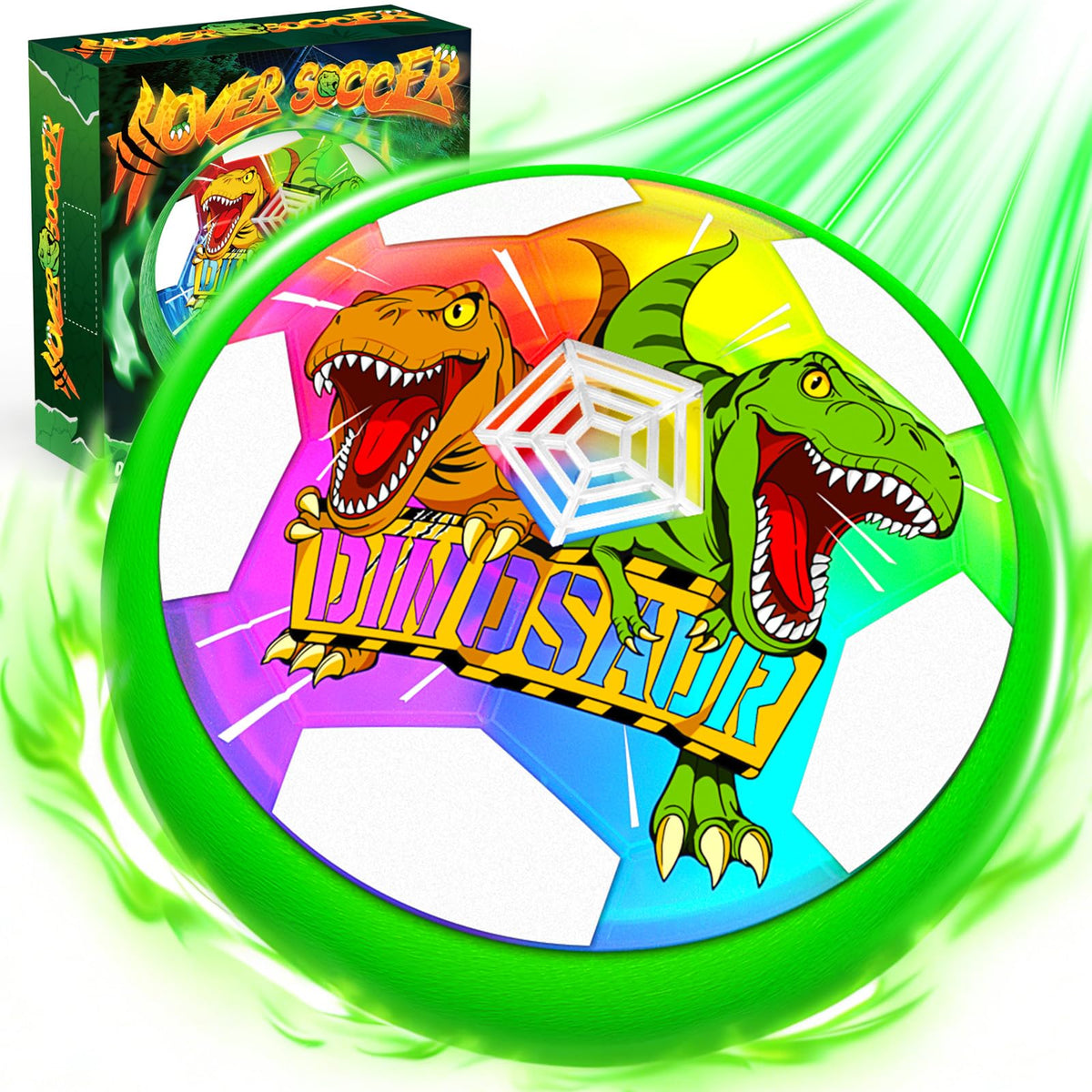 Hanroni Dinosaur Glow Hover Ball side view shows dynamic lighting for indoor active play.