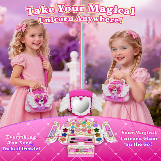 Hanroni unicorn kids makeup purse side view emphasizes portability for on the go fun.