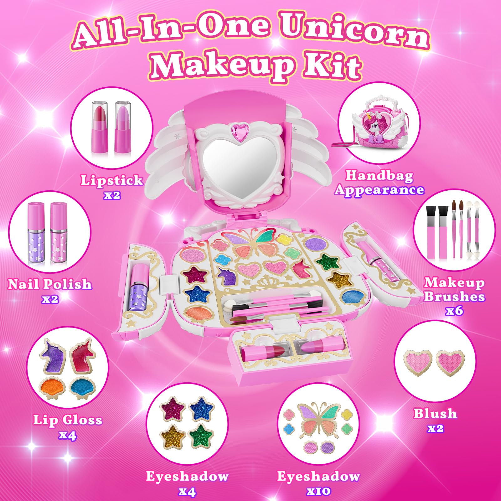 Hanroni unicorn makeup palette detail highlights gold foil and whimsical shapes.