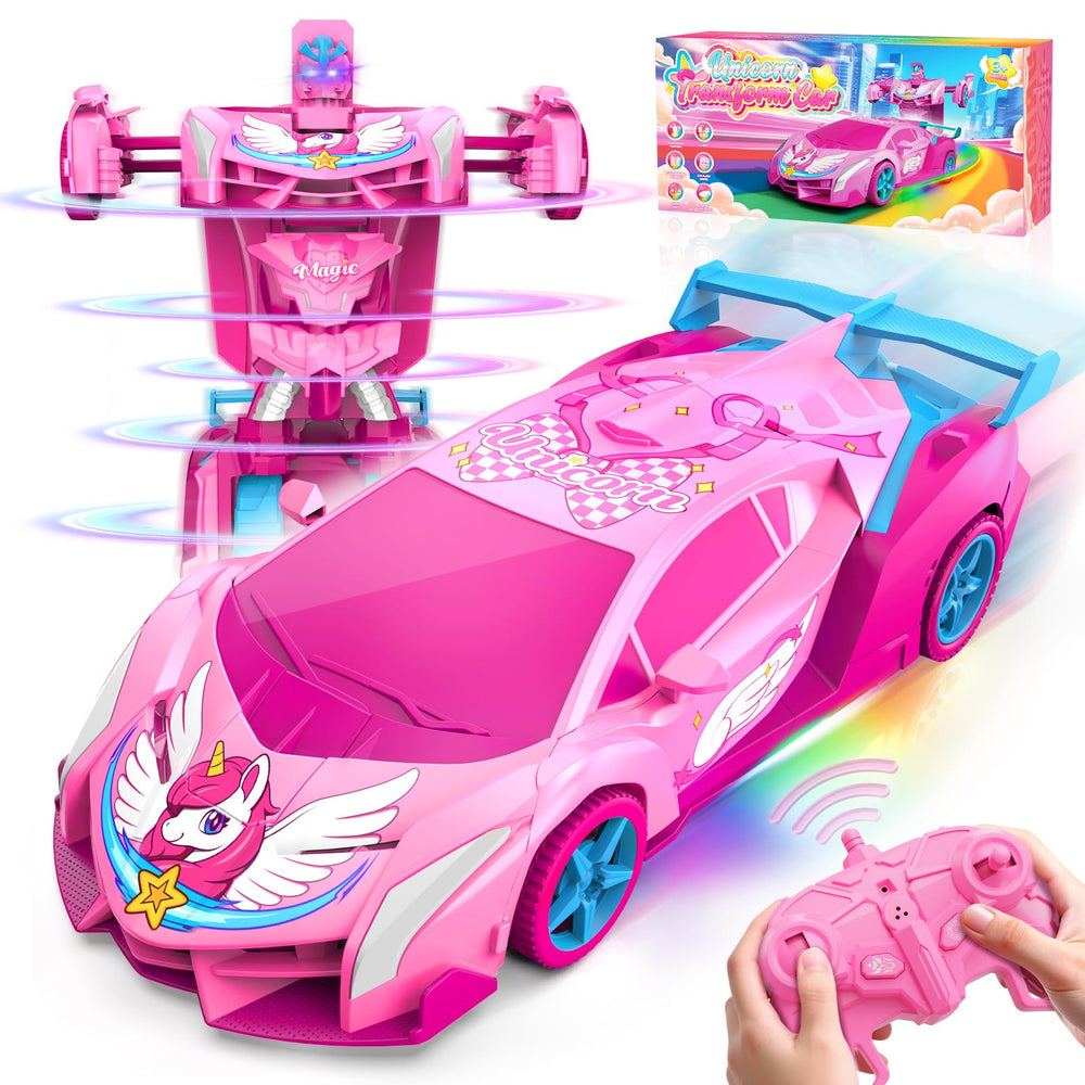 Hanroni Unicorn Transform RC Car with rainbow eyes lights for magical indoor play.