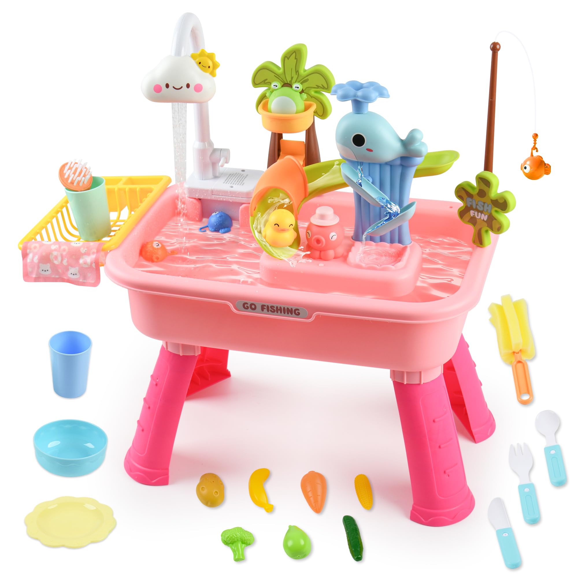Hanyutom water table with pink cloud faucet invites imaginative water play.