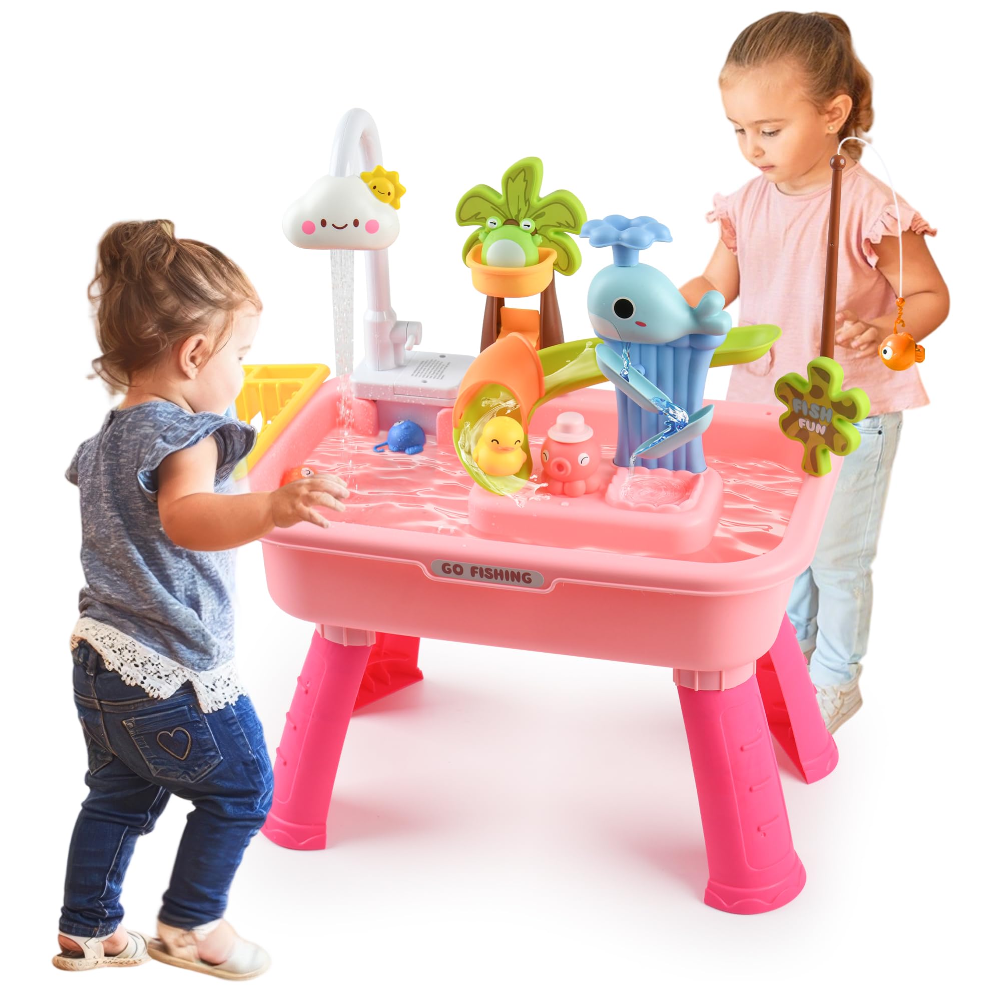 Hanyutom kitchen play setup supports pretend cleaning and cooperation.