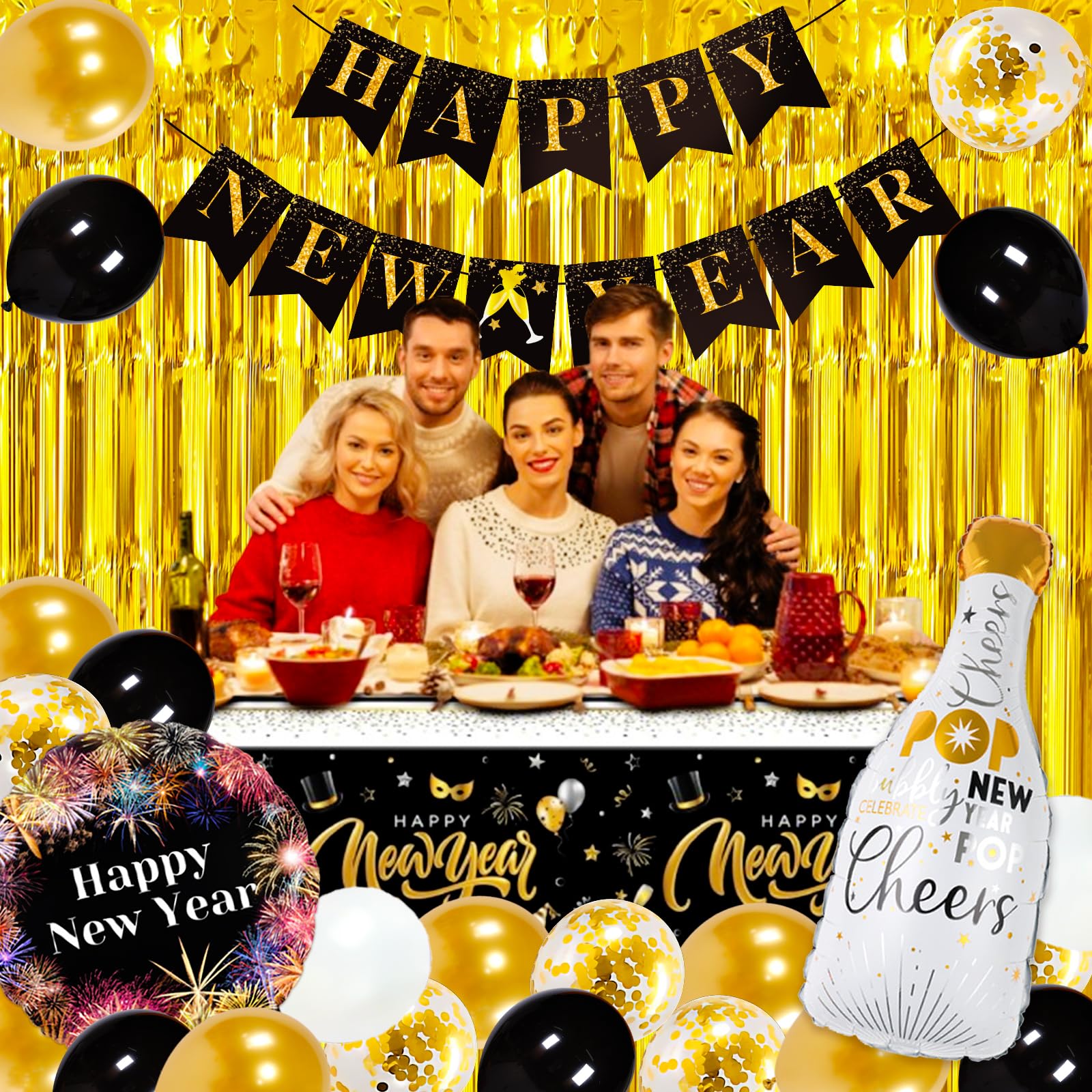 Haochenpai golden foil fringe curtain adds sparkling NYE ambiance.