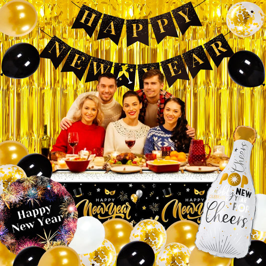 Haochenpai golden foil fringe curtain adds sparkling NYE ambiance.