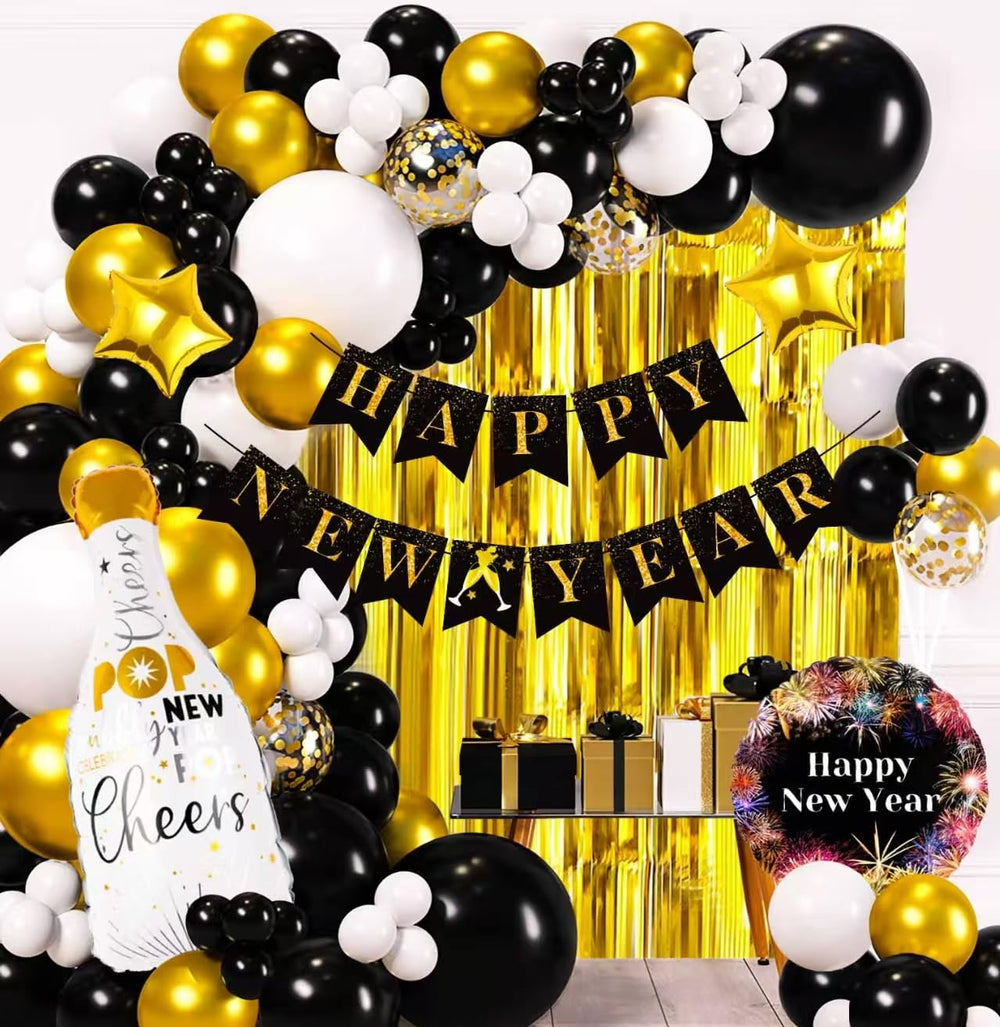 Haochenpai Happy New Year banner decor creates a festive photo backdrop.